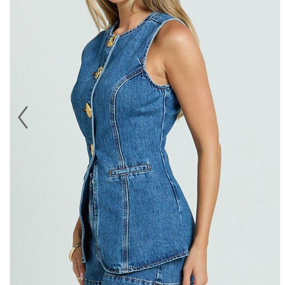Rhianna Top - Detailed Button Down Longline Recycled Denim Vest Top in Dark Blue - Picture 3 of 4